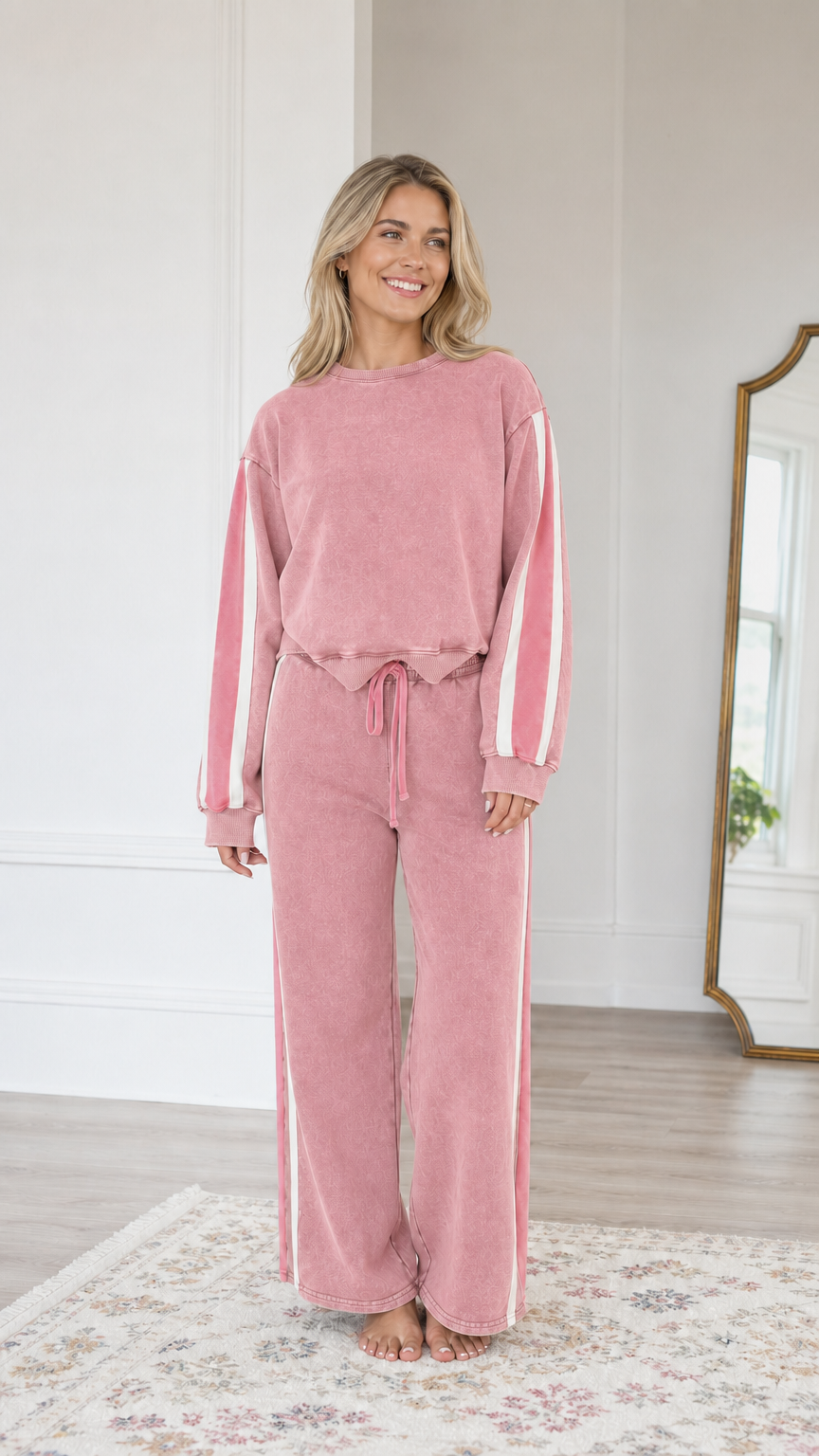 Front view of model wearing the Dusty Pink matching crewneck and wide-leg sweatpants set