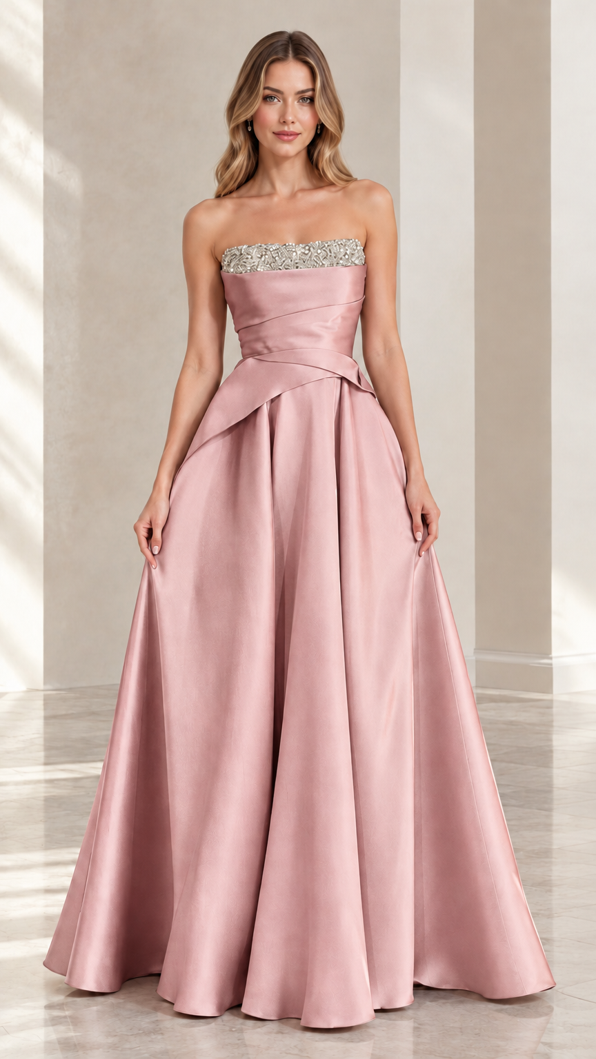 Dusty Rose strapless satin beaded neckline evening dress
