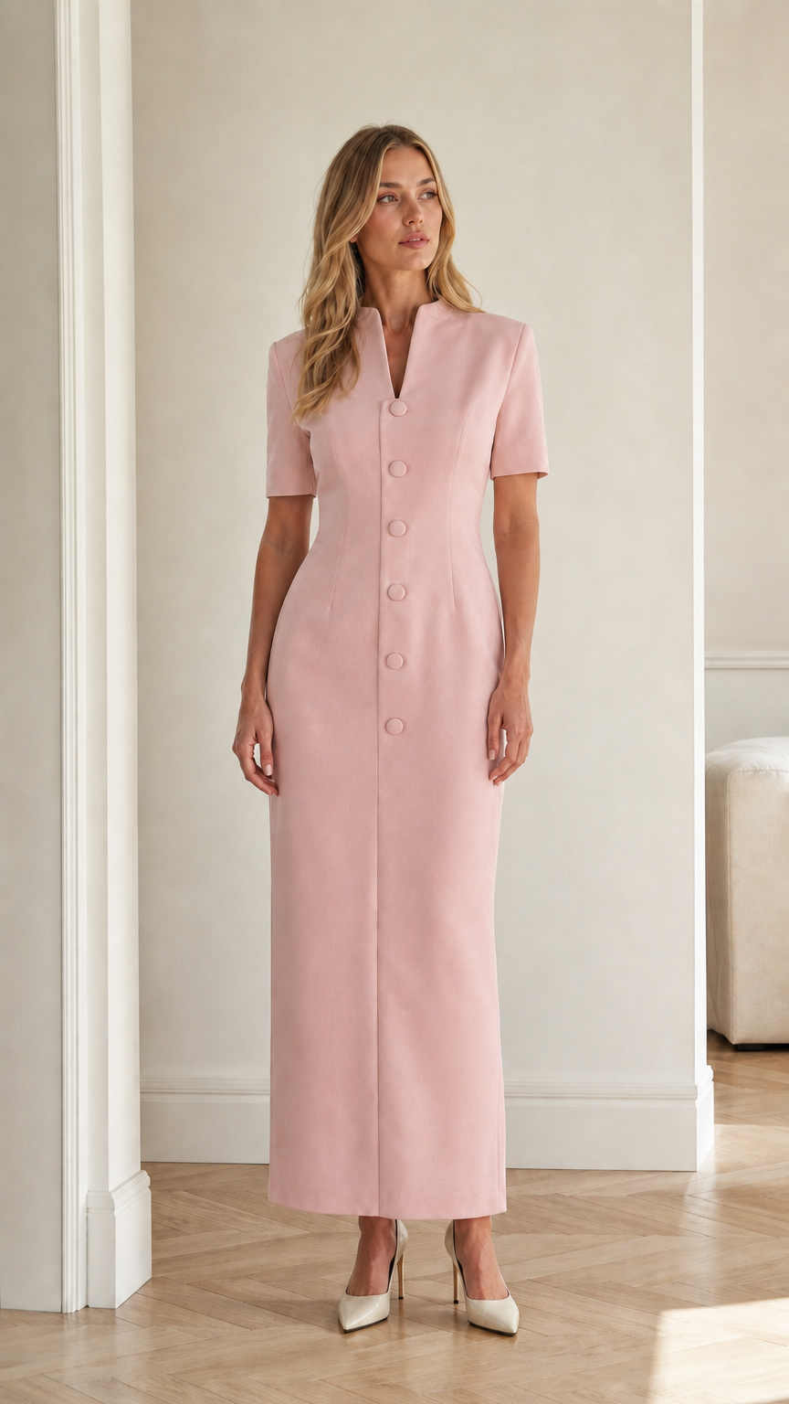 Front full view of blush pink short sleeve stand collar column maxi dress