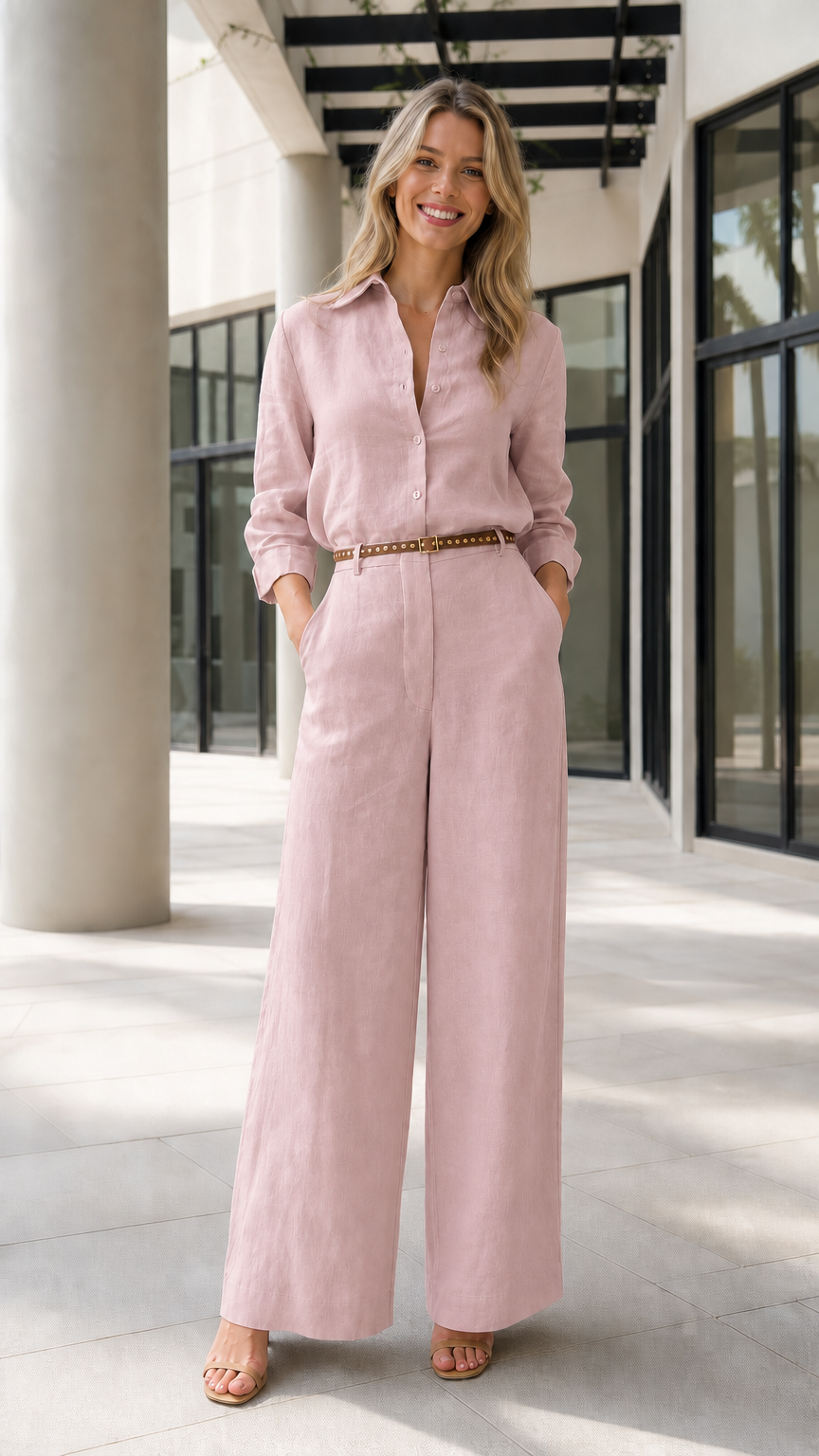 Front view of woman wearing pink button-up wide-leg jumpsuit