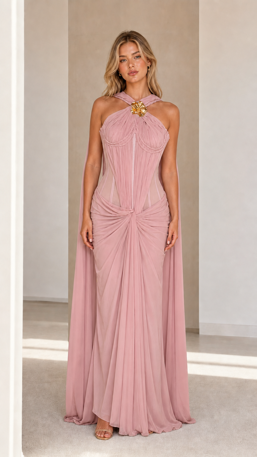 Model wearing pink evening cape maxi dress