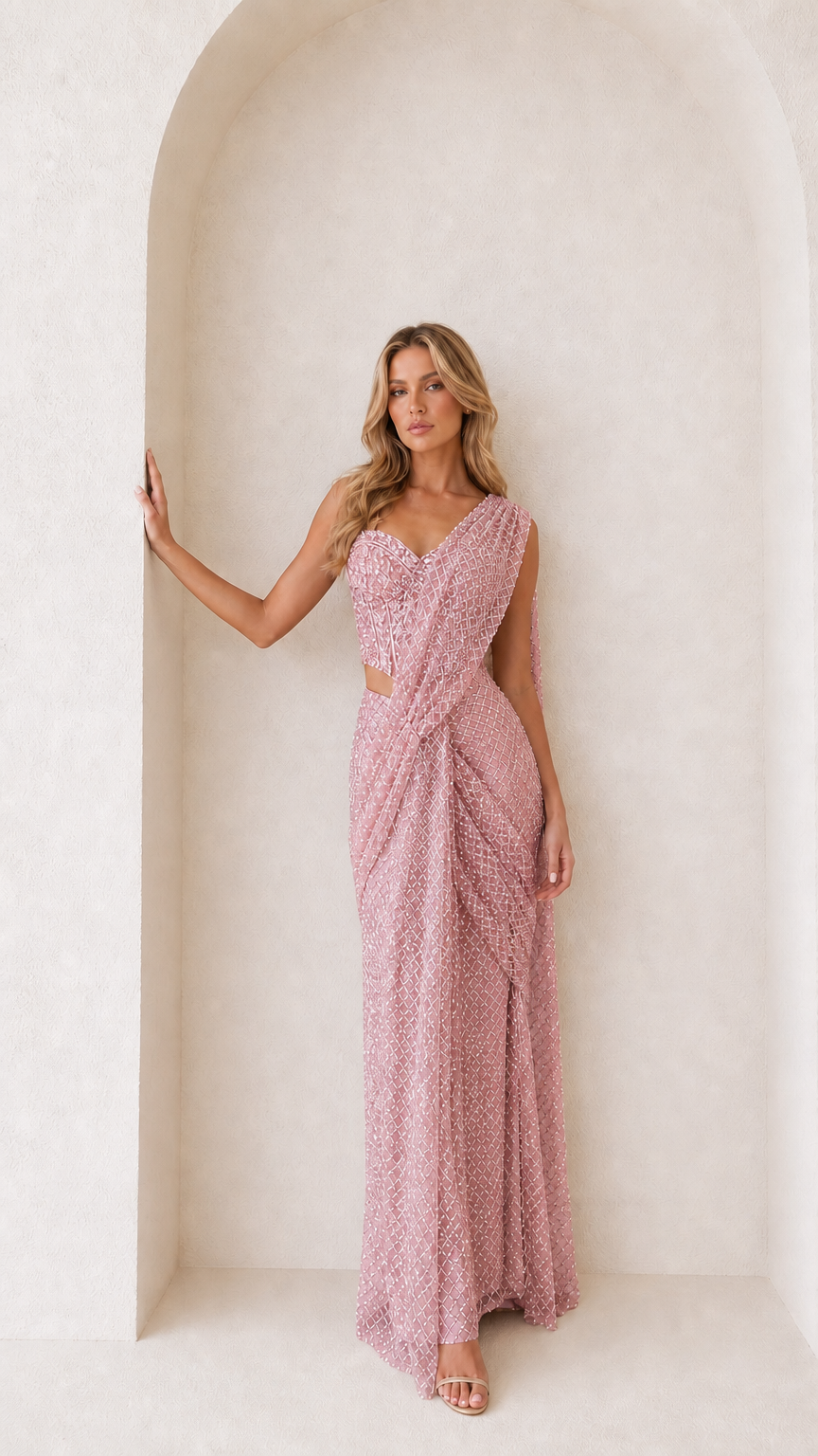 Blush Pink sequin pre-draped saree evening gown front view