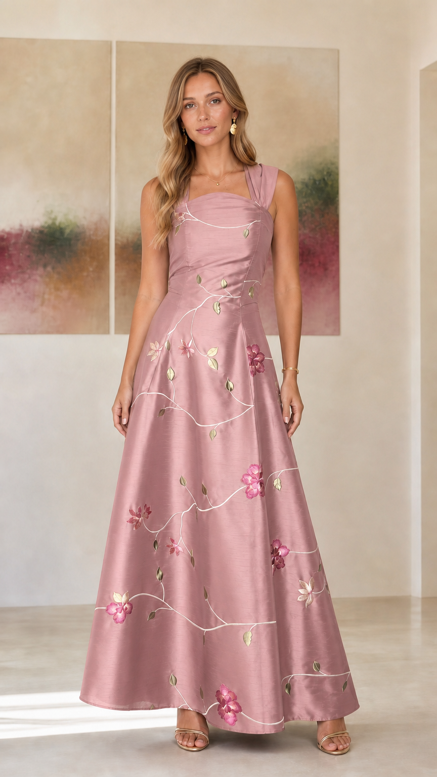 Model wearing dusty rose embroidered floral evening dress