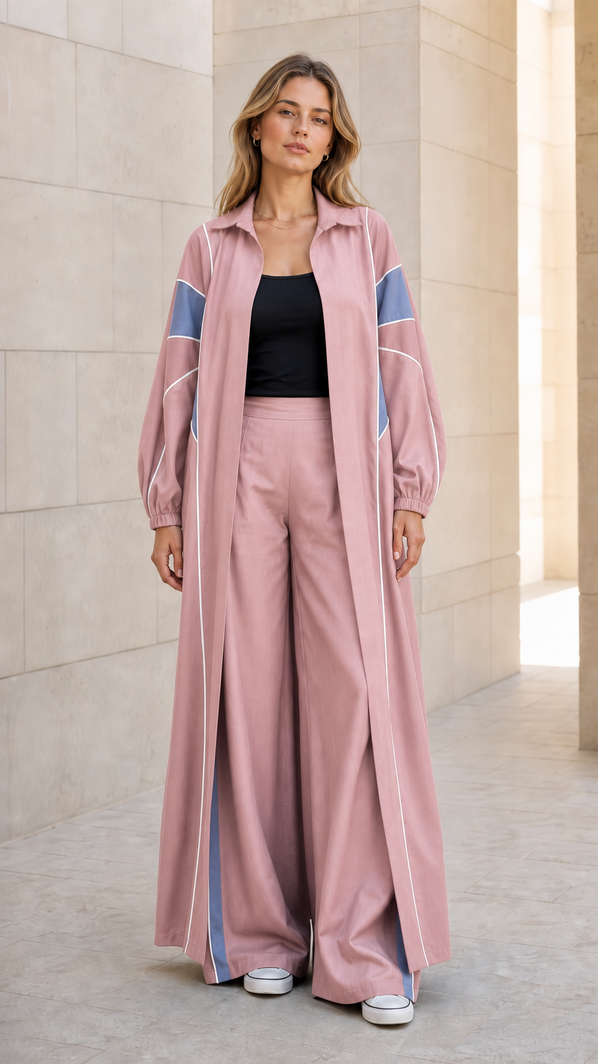 Dusty Pink colorblock maxi duster and wide leg trousers set