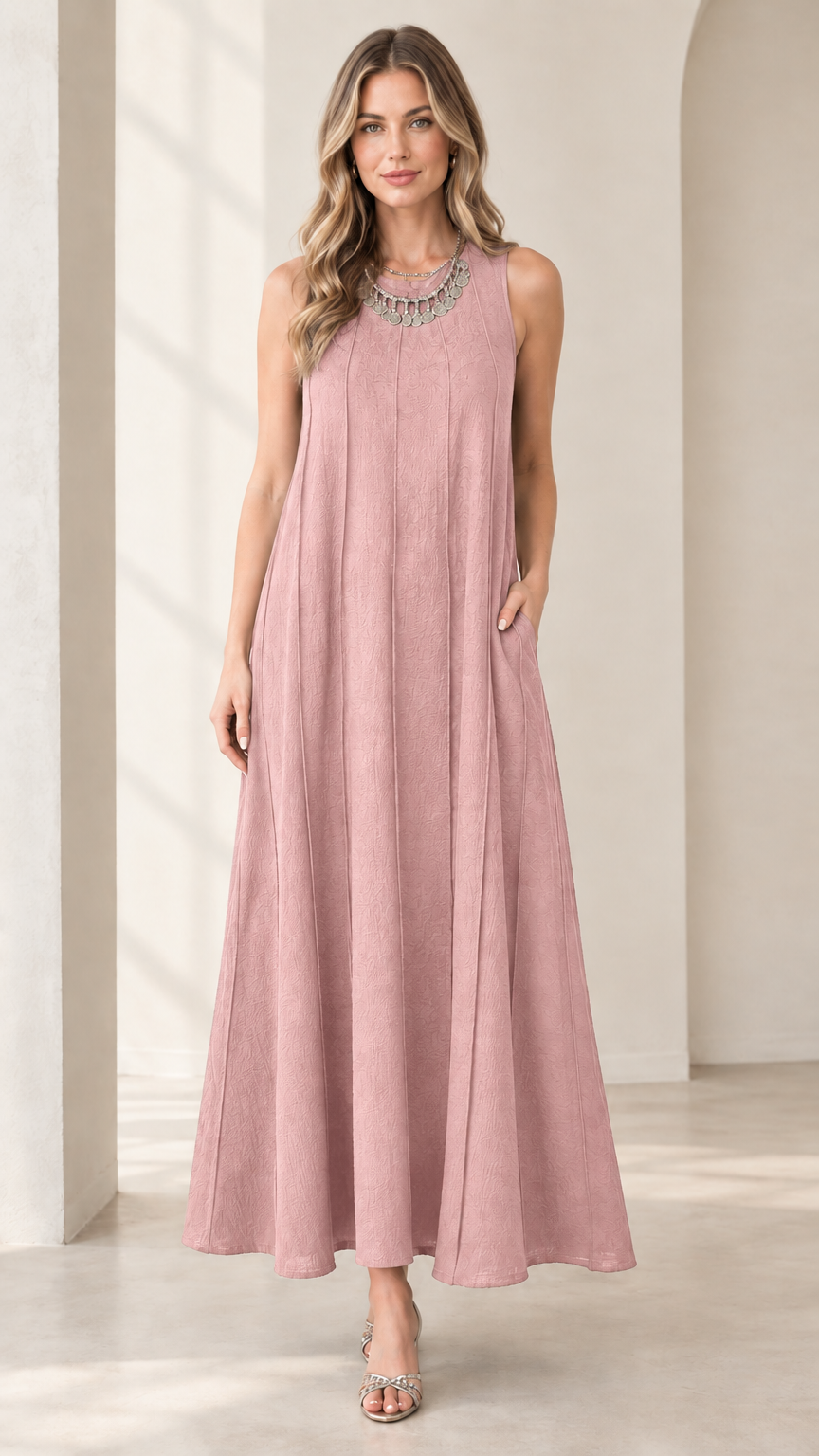 Front view of woman wearing dusty pink sleeveless panel swing maxi dress with pockets