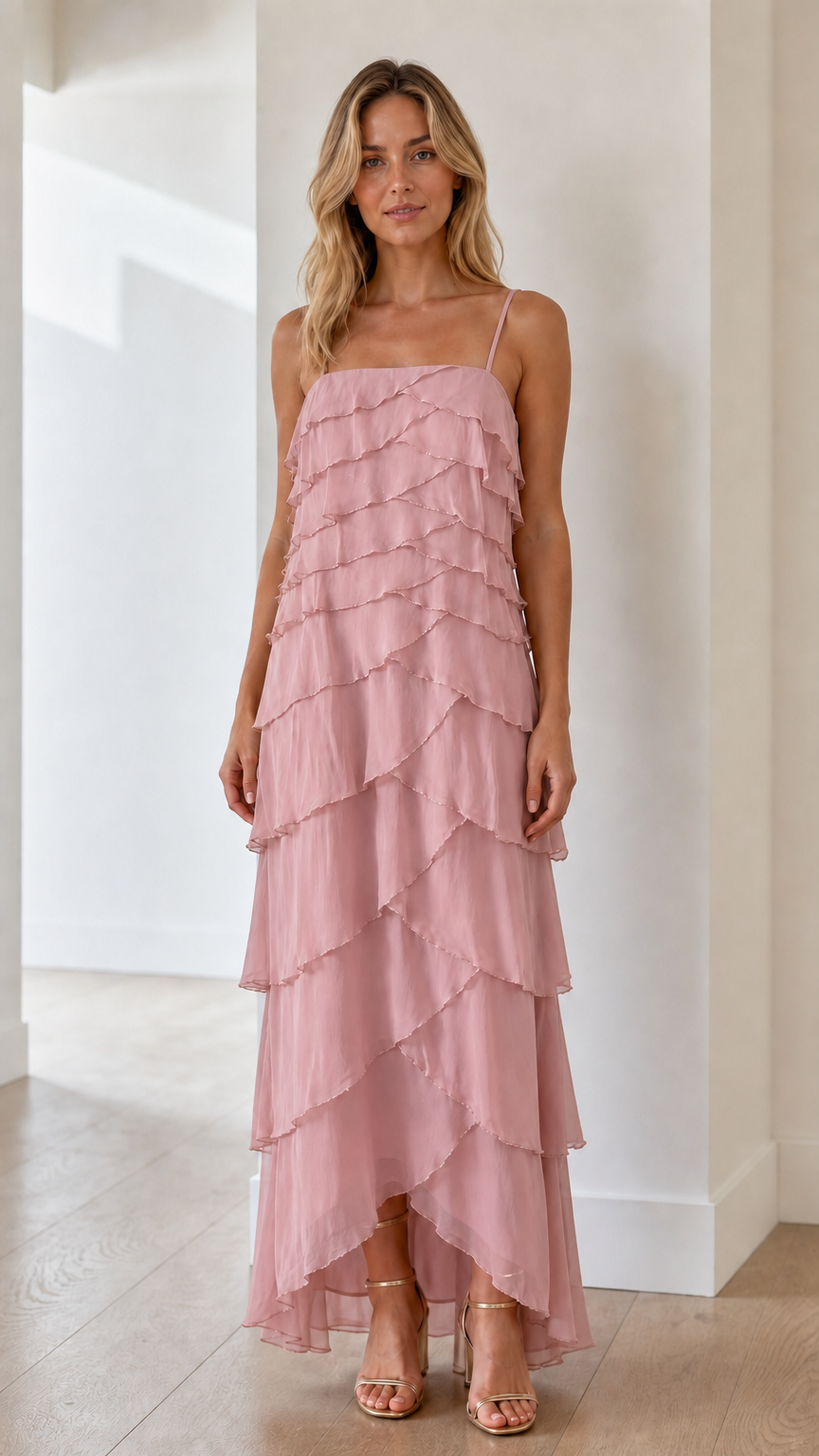 Model wearing pink tiered ruffle maxi dress