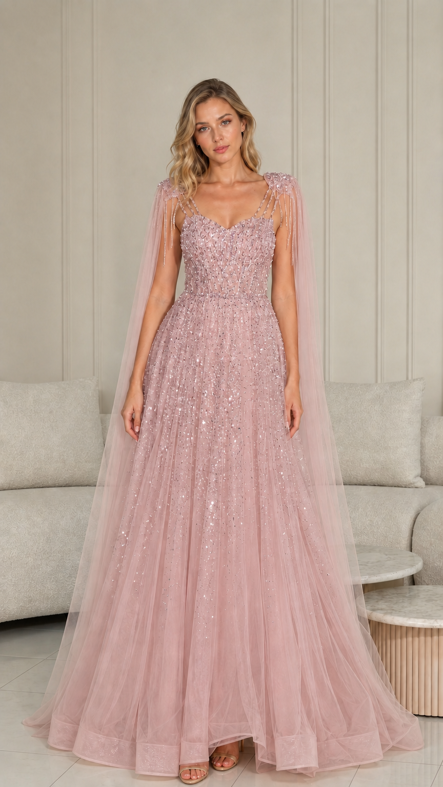 Blush pink sequin A-line tulle gala gown with draped cape sleeves