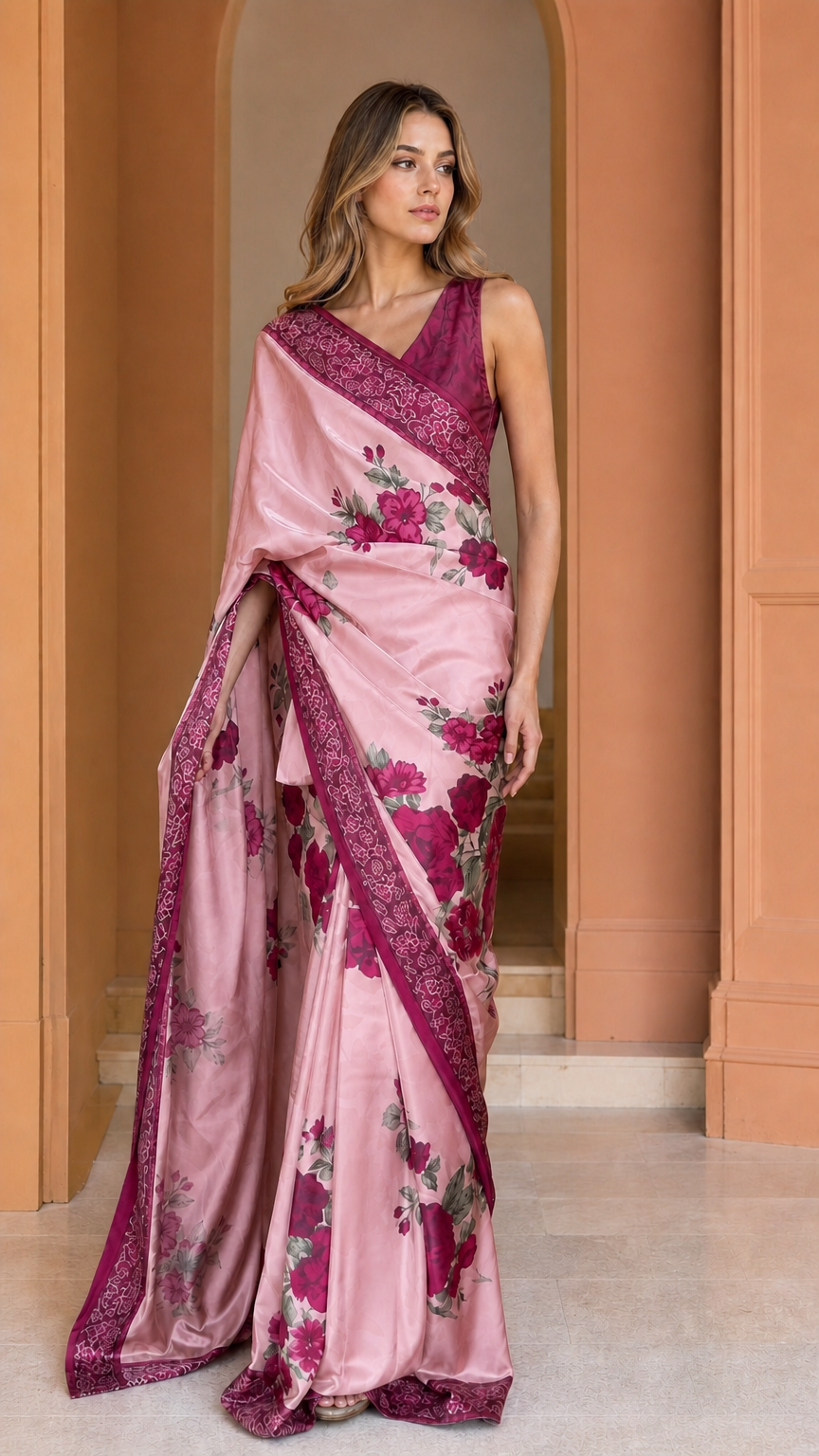 Blush pink floral satin saree with berry embroidered border