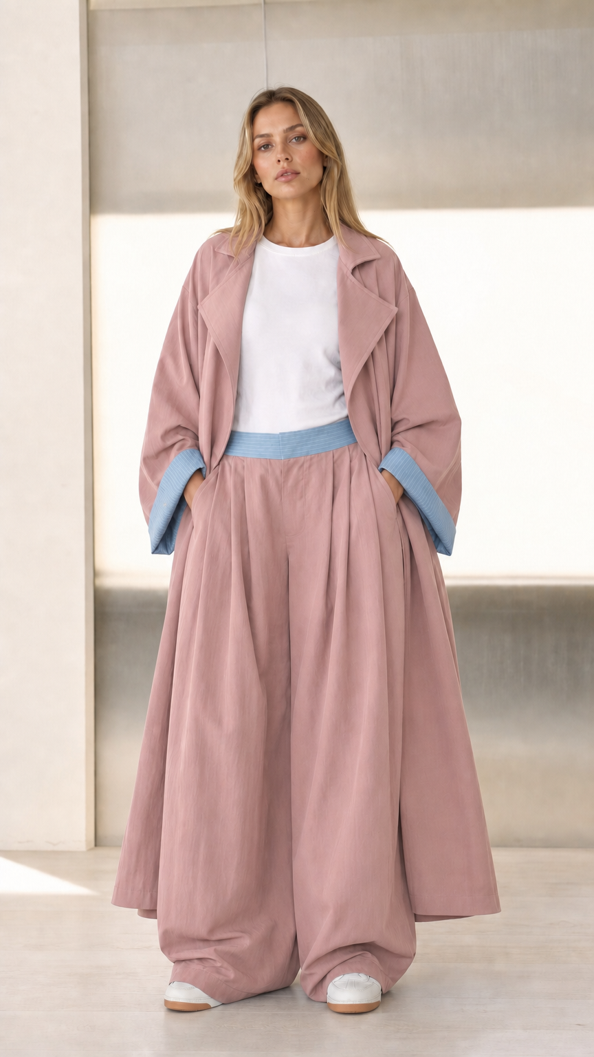 Front view of Dusty Rose pink duster coat and matching wide-leg trousers