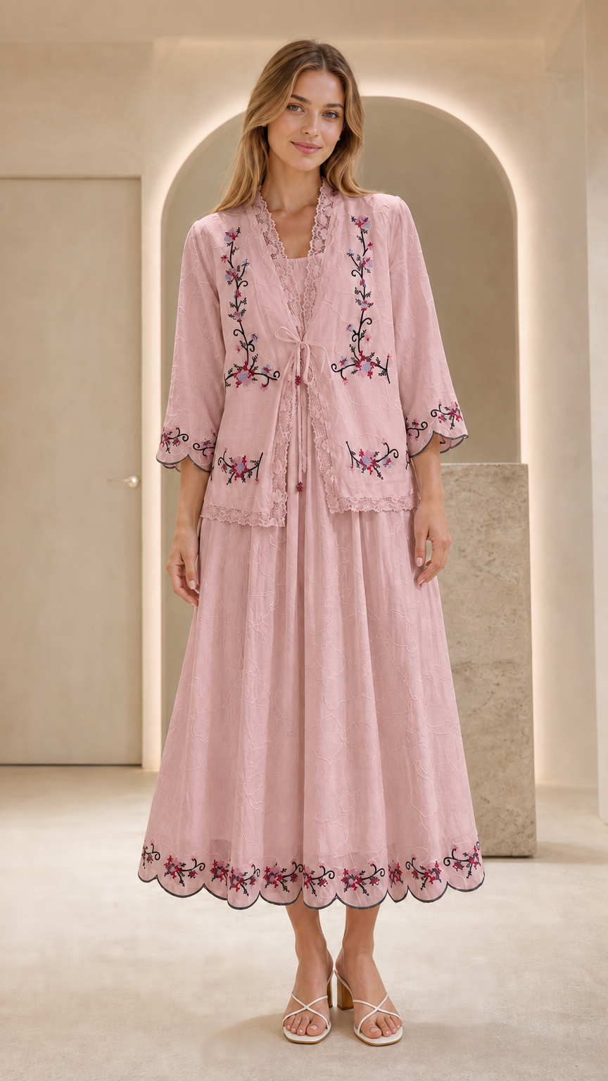 Front view of model wearing pink embroidered two-piece dress set
