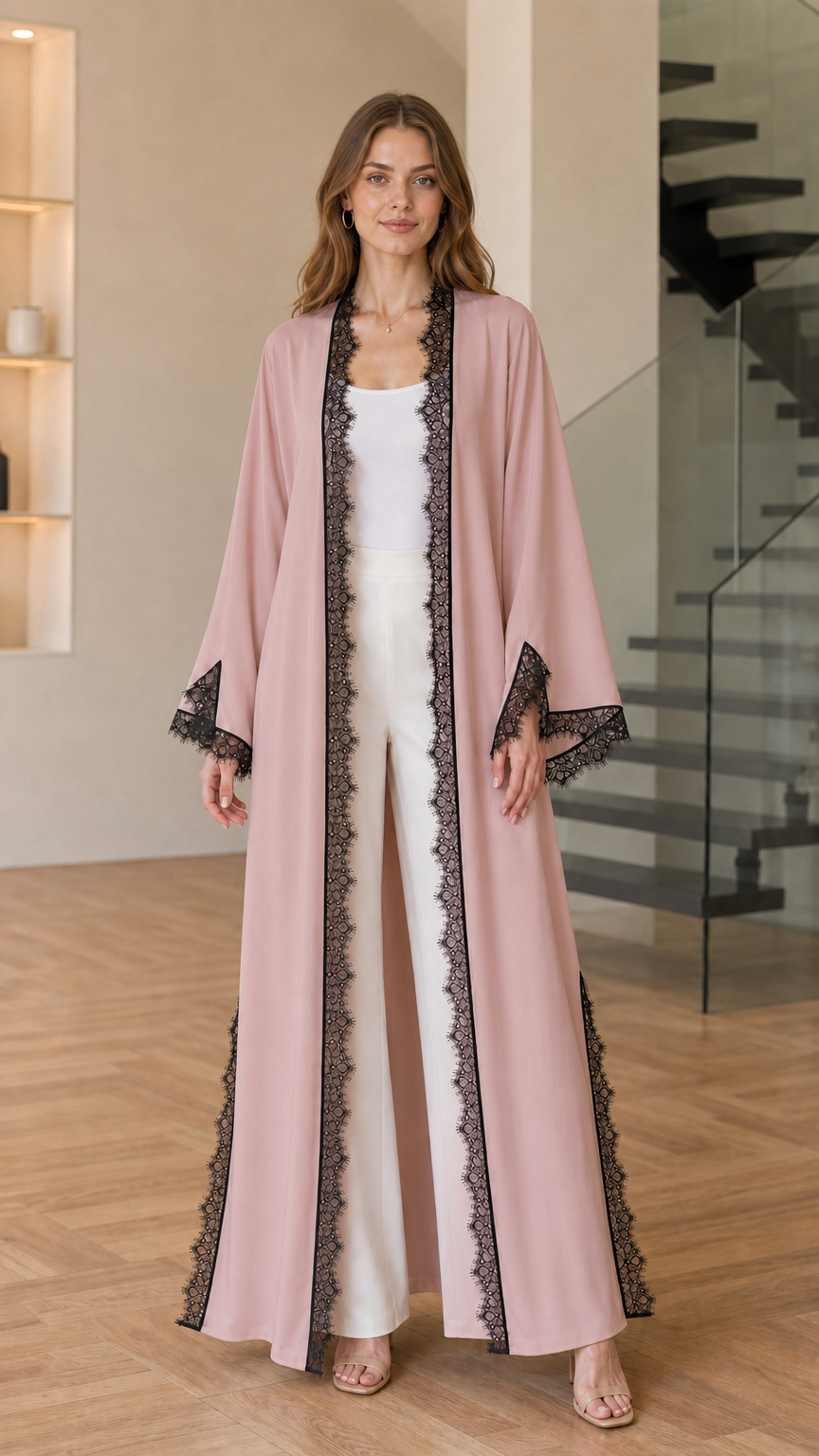 Front view of dusty pink open-front maxi kimono cardigan with black lace trim
