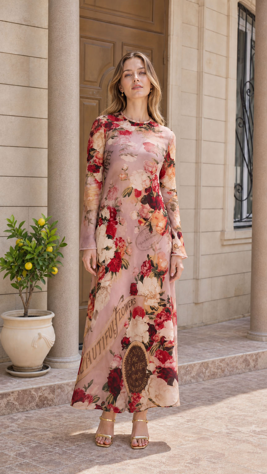 Model wearing blush pink vintage floral print crew neck long sleeve maxi dress