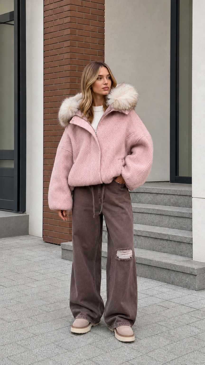 Model styling light pink plush ribbed bomber jacket with faux fur trim