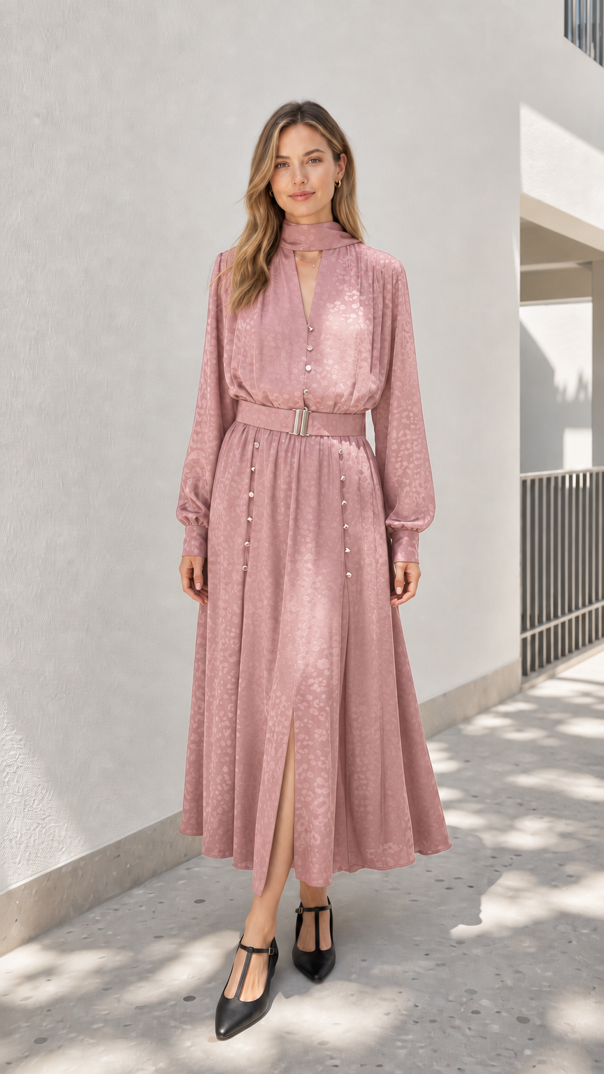 Model wearing dusty pink mock neck midi dress