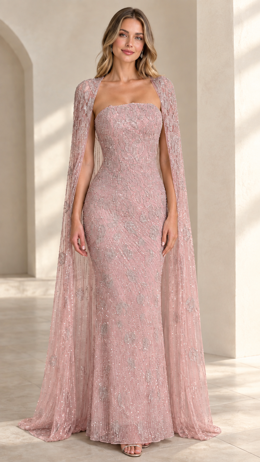 Front view of blush pink sequin strapless evening gown with flowing cape