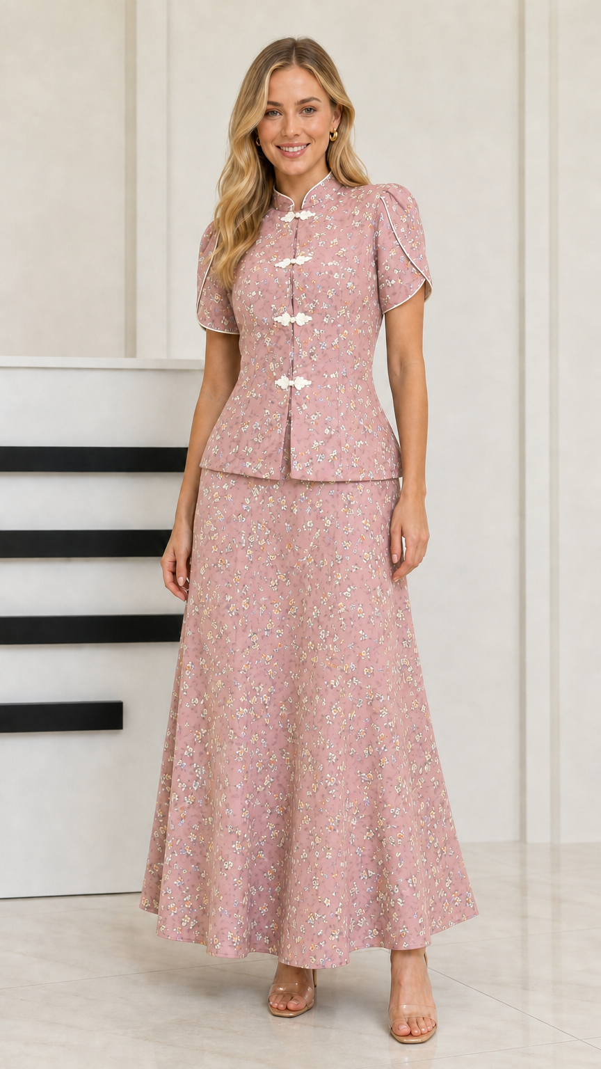 Dusty Pink floral print Mandarin collar two-piece maxi set