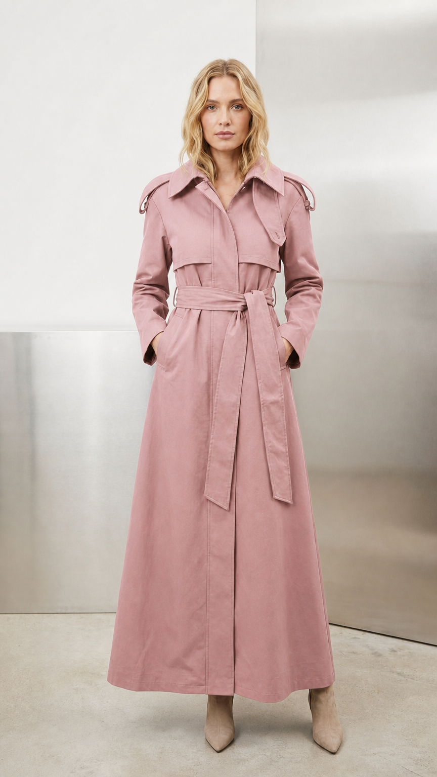 Model wearing soft dusty pink belted maxi trench coat
