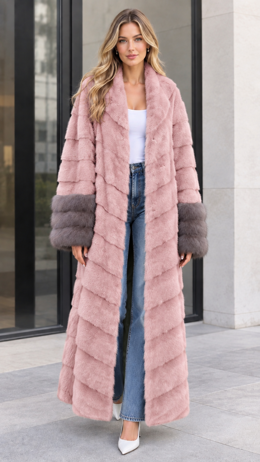 Front view of women's dusty pink chevron maxi faux fur coat with contrast grey cuffs