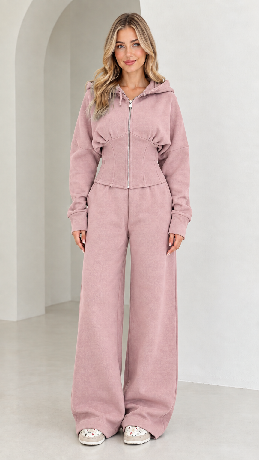 Full-length view of women's corset hoodie and wide-leg sweatpants set in Dusty Rose