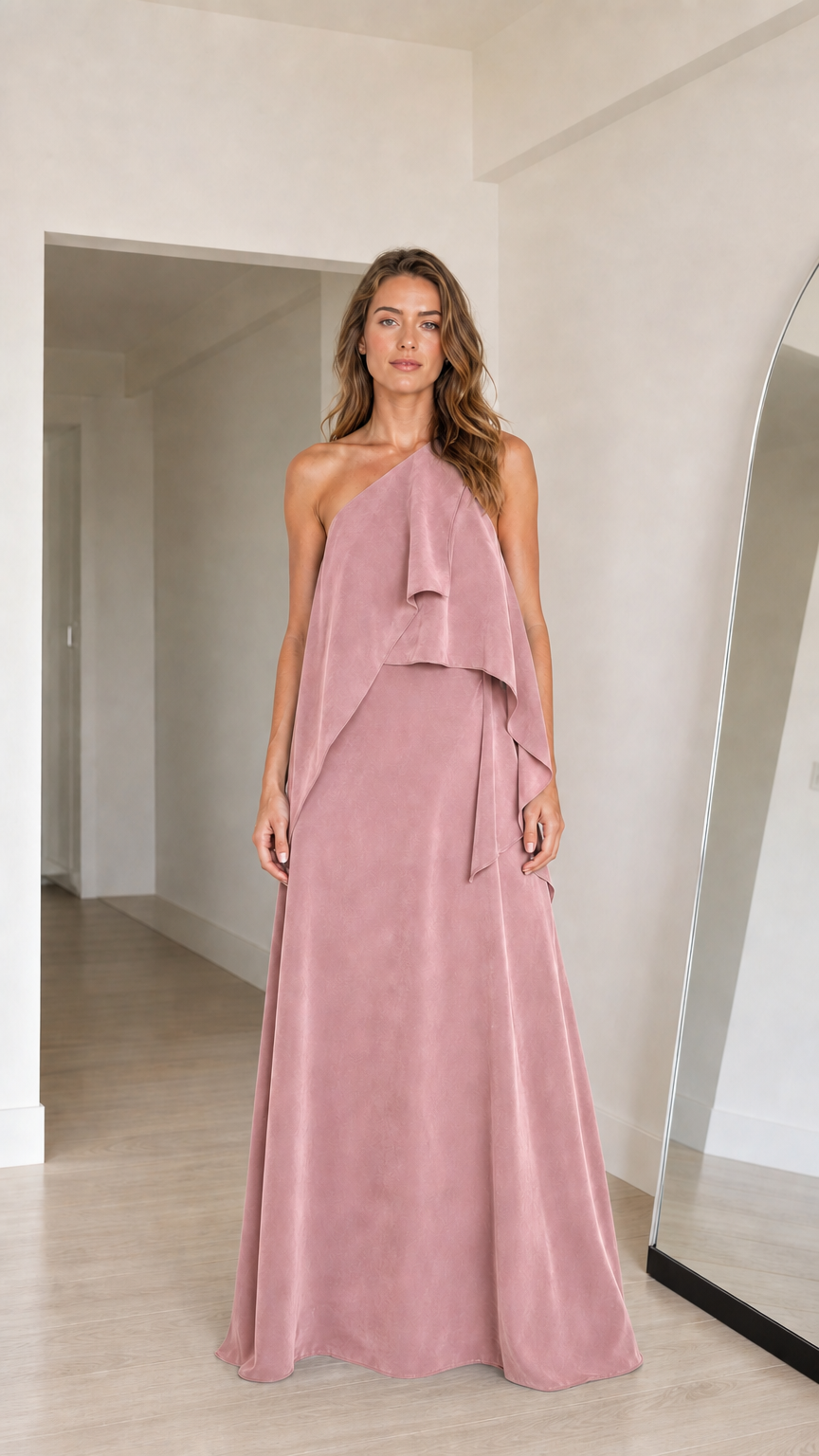 Model wearing dusty rose pink one-shoulder tiered maxi gown
