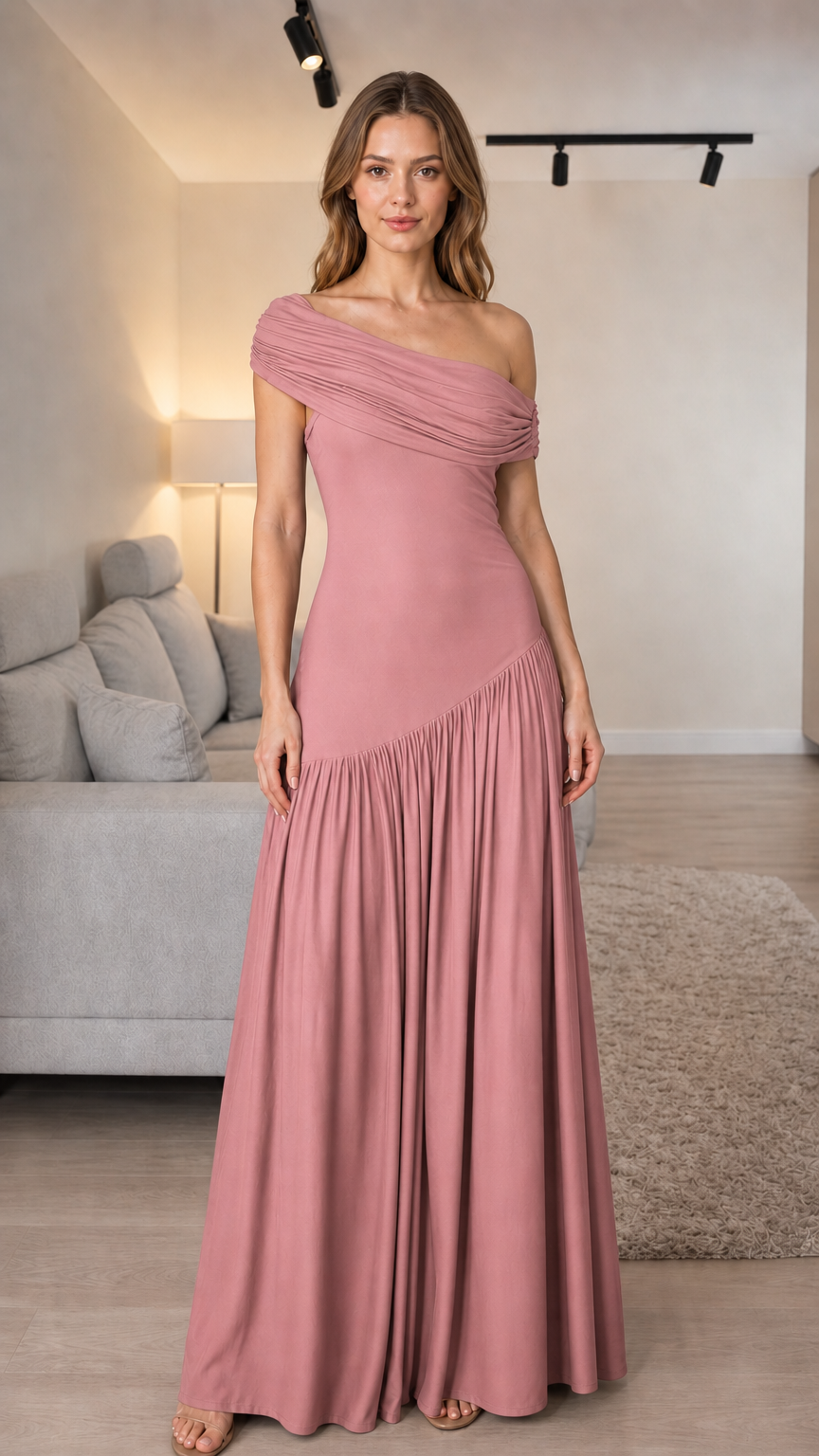 Front view of dusty rose one-shoulder pleated maxi dress