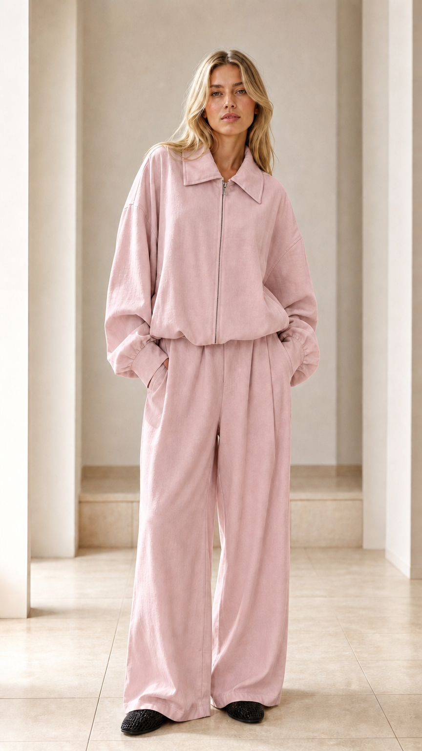 Front view of woman wearing dusty pink zip-up jacket and wide-leg pants set
