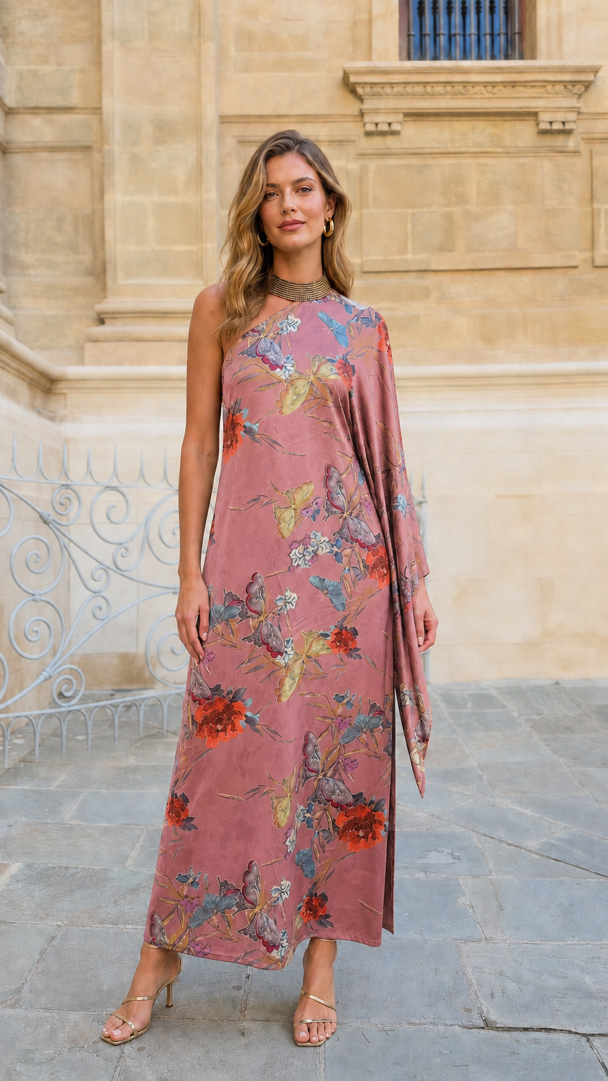 Front view of model wearing dusty rose floral one-shoulder draped maxi dress