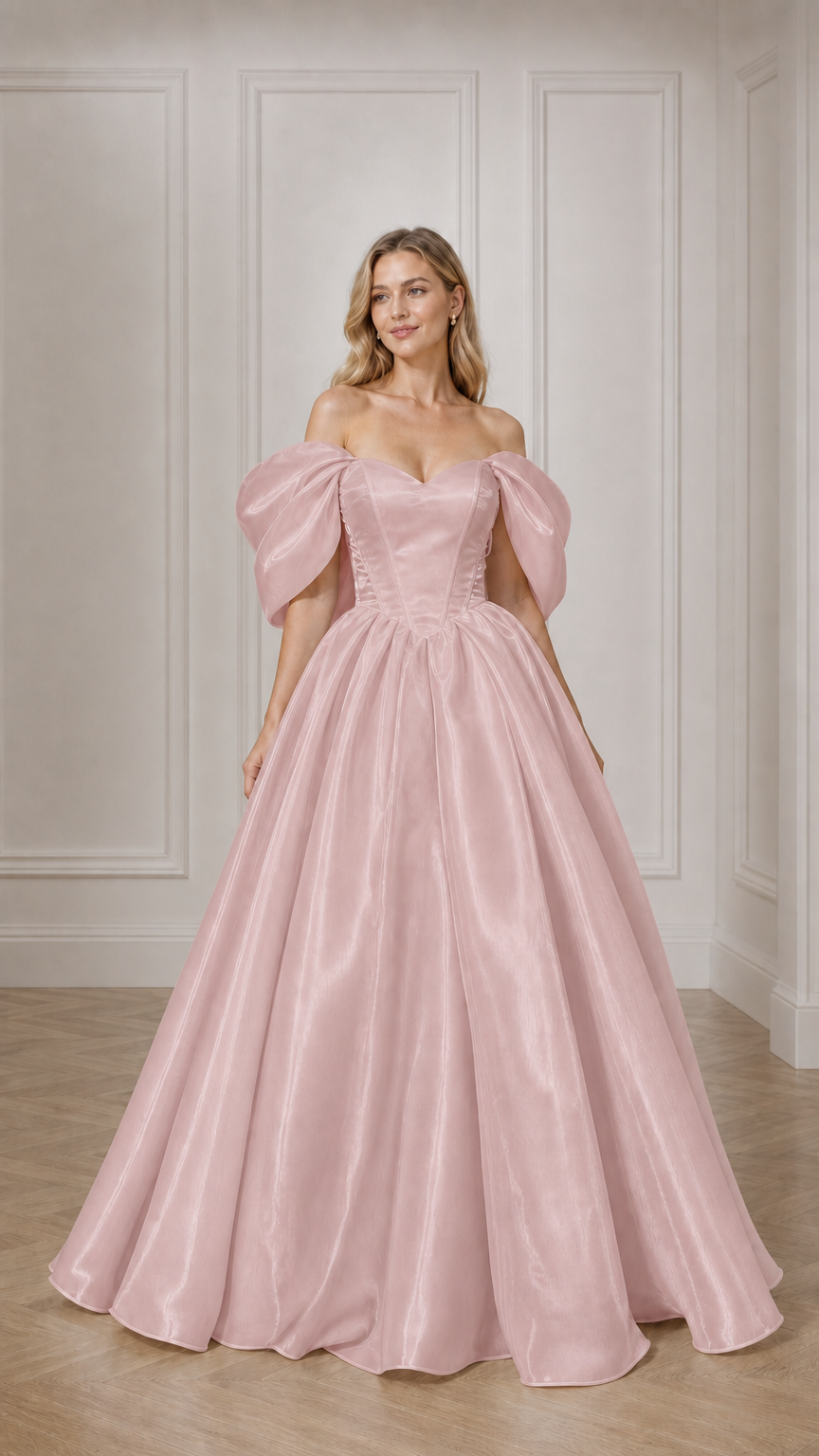 Full view of woman in pink off-the-shoulder satin ball gown
