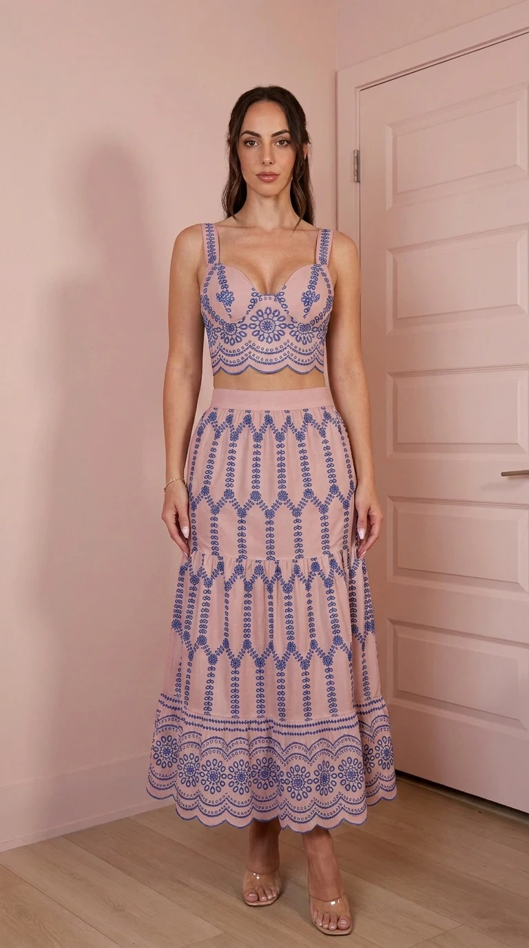 Model wearing pink two-piece embroidered crop top and skirt set