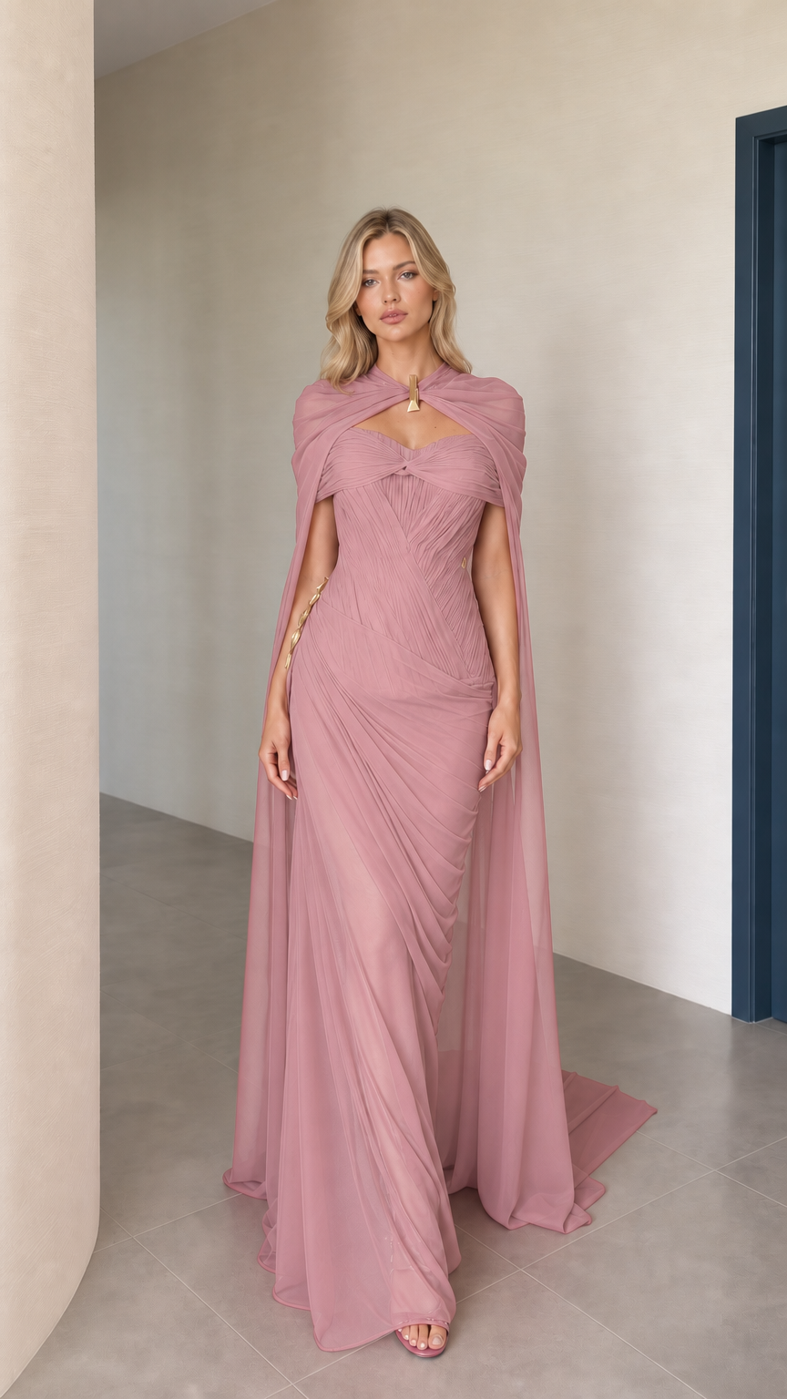 Front view of dusty rose cape maxi evening dress