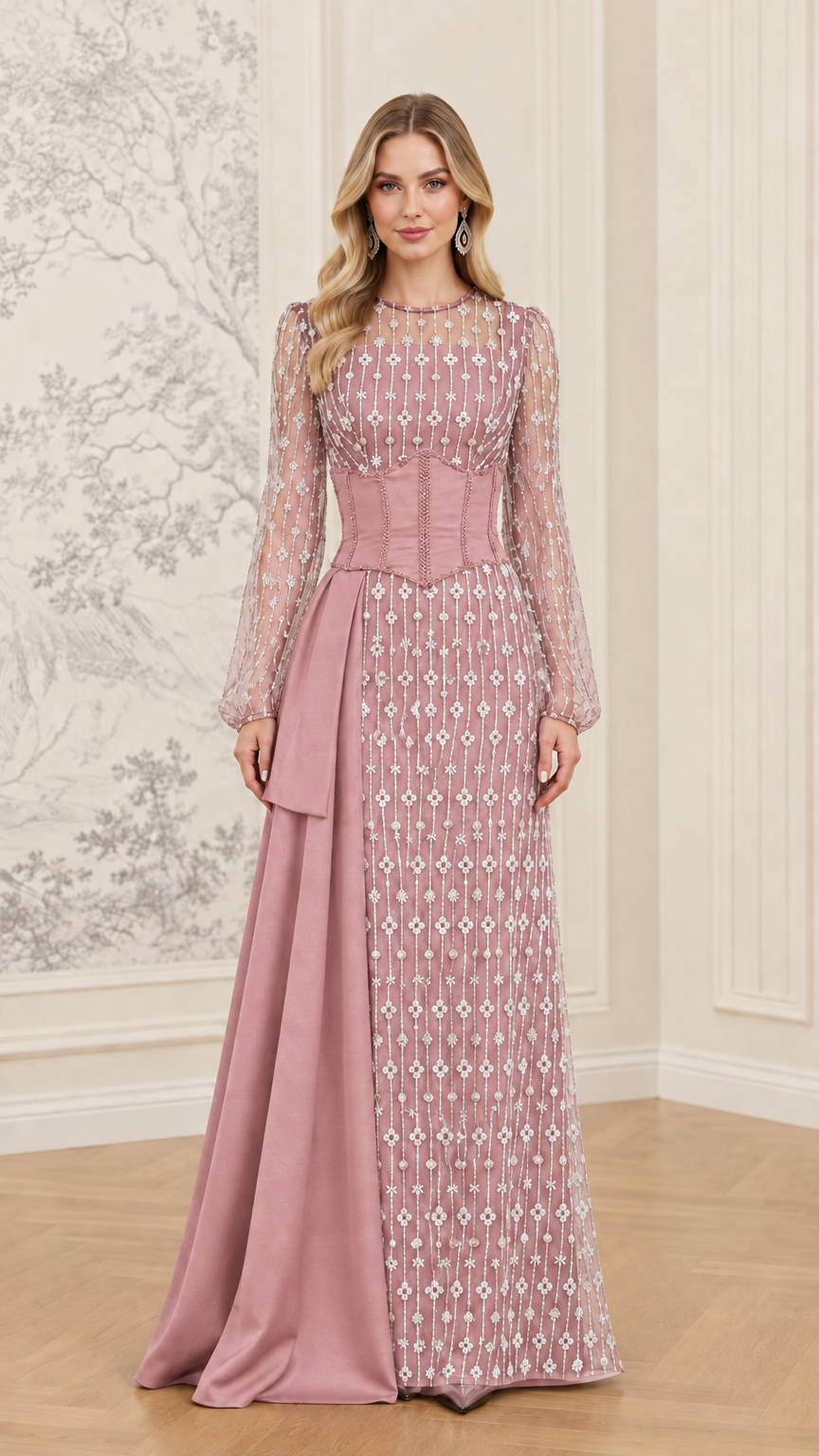 Dusty rose pink long sleeve embellished evening gown with corset waist