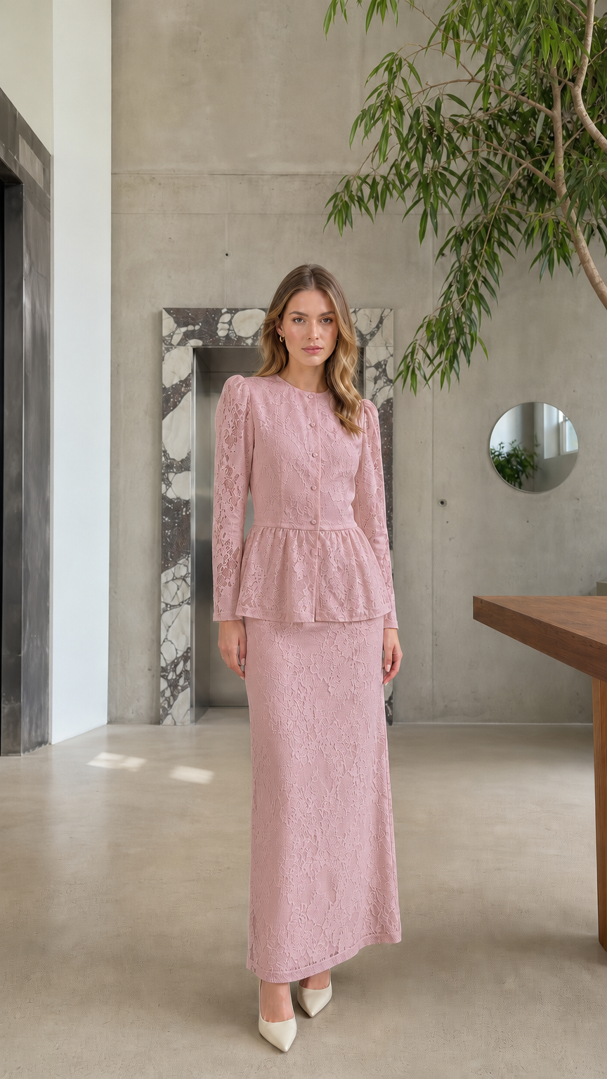 Full length view of model wearing the Dusty Pink floral lace peplum top and maxi skirt set