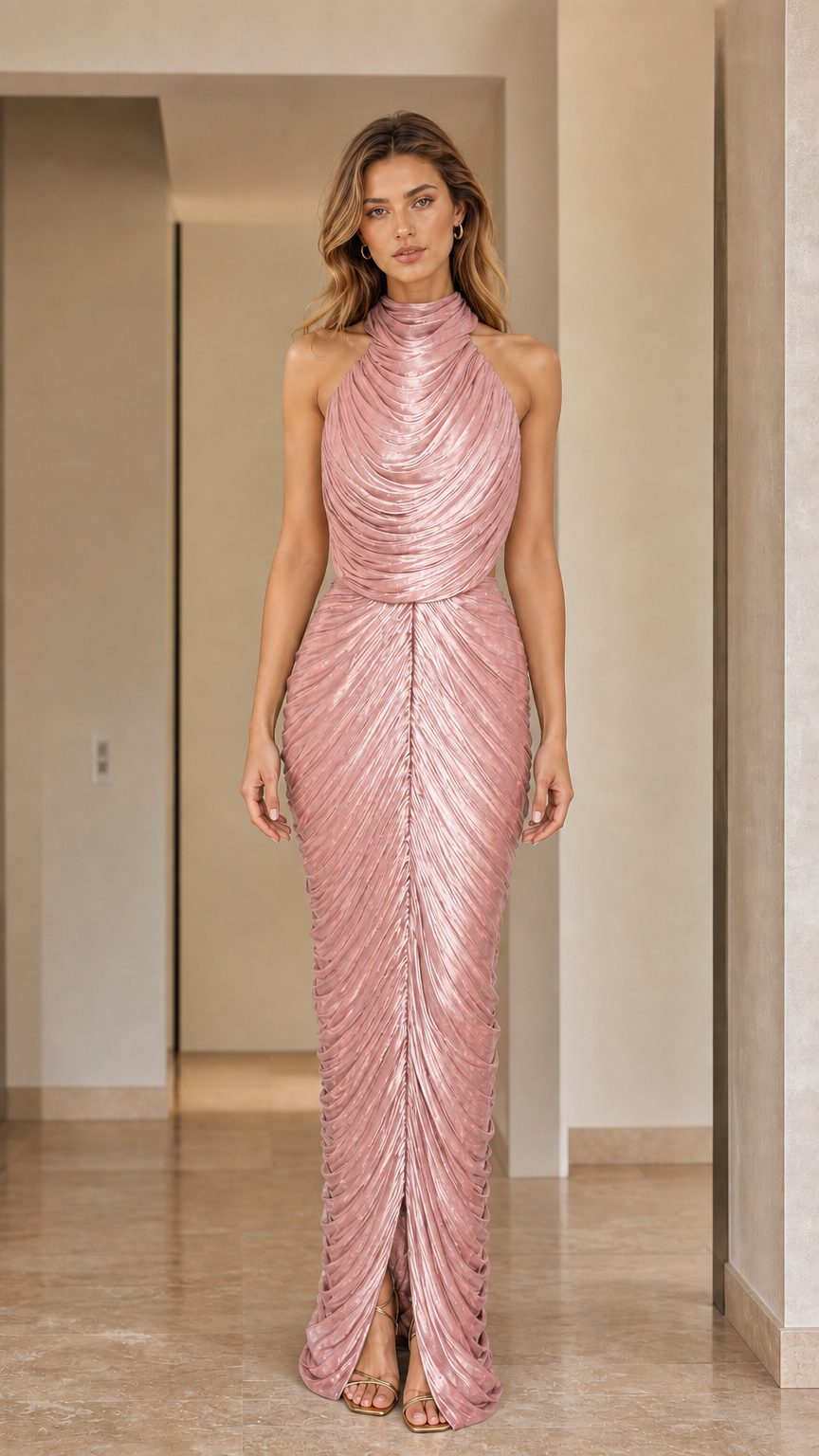 Front view of high neck pleated shimmer maxi dress in blush pink