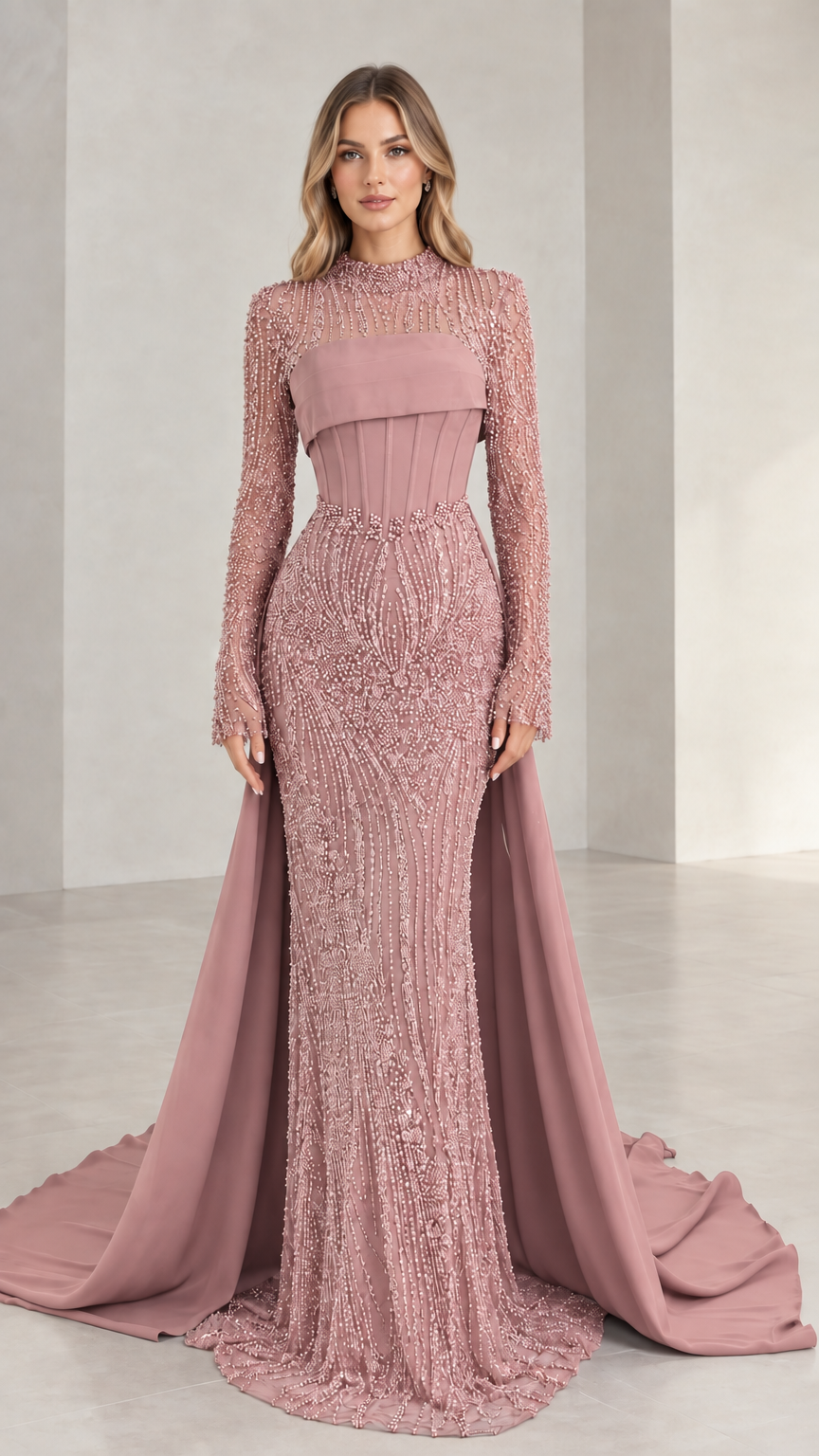 Full-length front view of dusty pink beaded evening dress with corset bodice and overskirt
