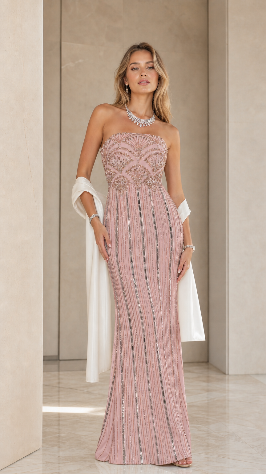 Blush pink strapless embellished formal maxi dress with shawl - front view