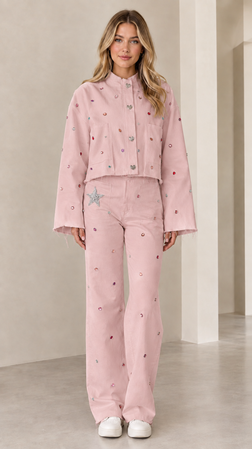 Full front view of baby pink rhinestone cropped jacket and matching pant set