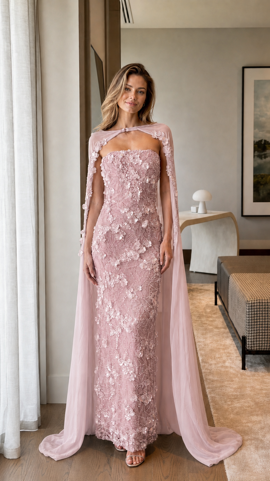 Dusty Pink strapless formal dress with delicate floral appliques and flowing sheer cape