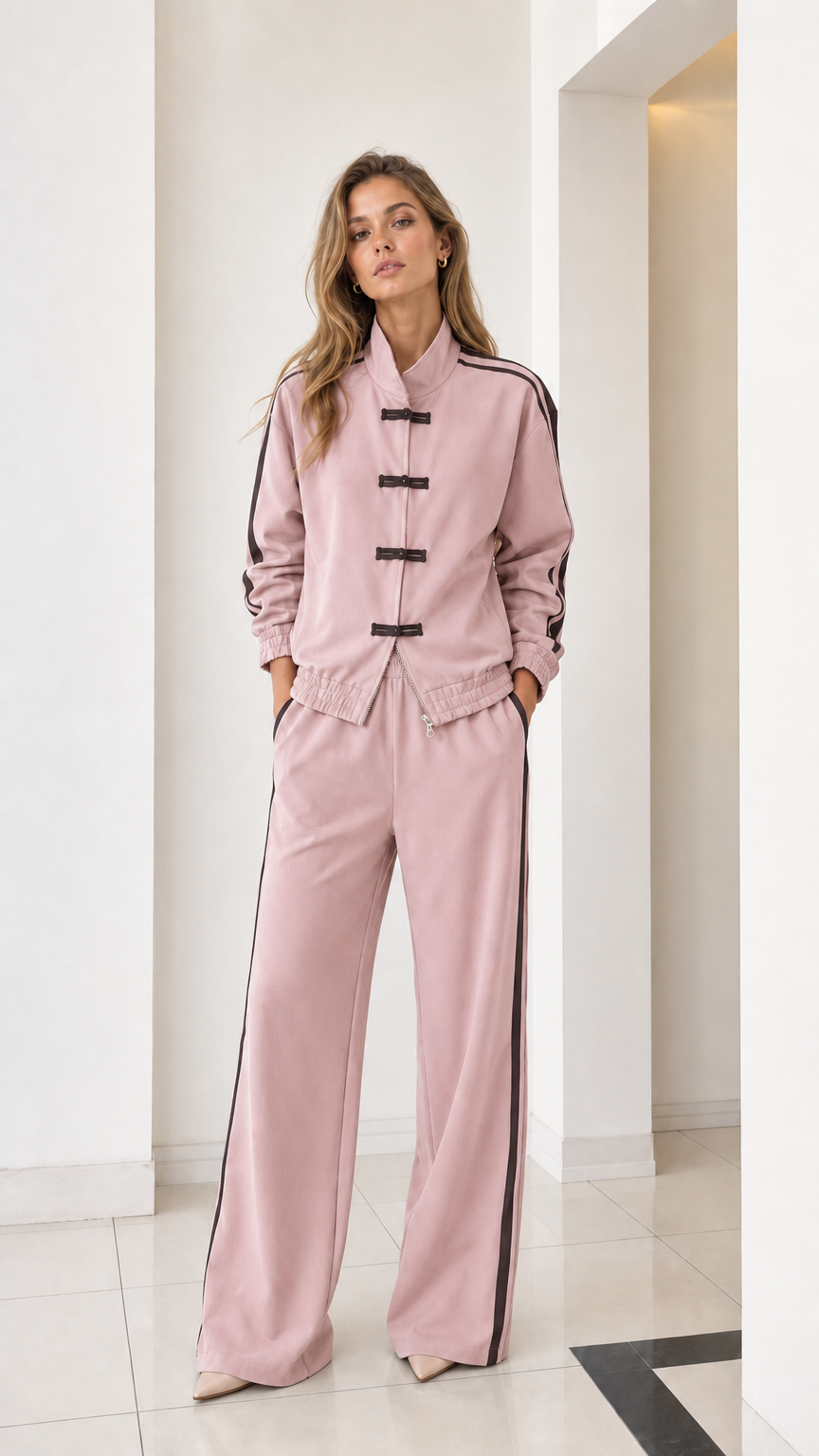 Full front view of women's dusty pink matching tracksuit set with wide-leg pants