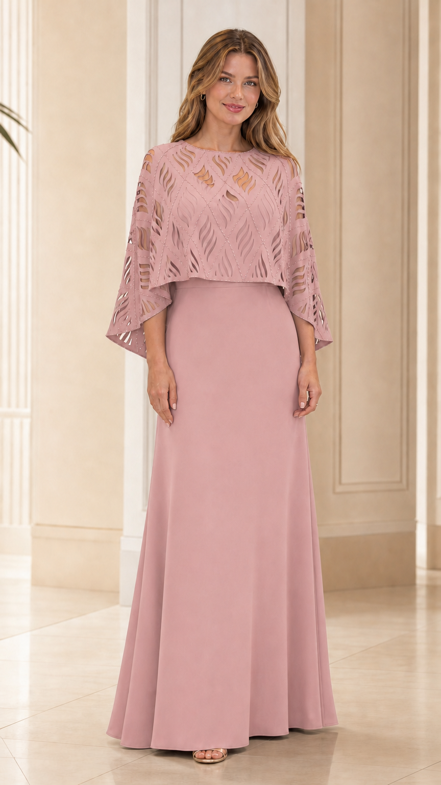 Front view of the rose pink evening dress variant