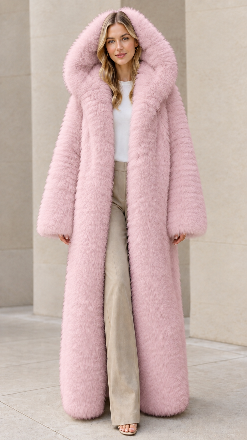 Women's blush pink floor-length hooded plush faux fur coat