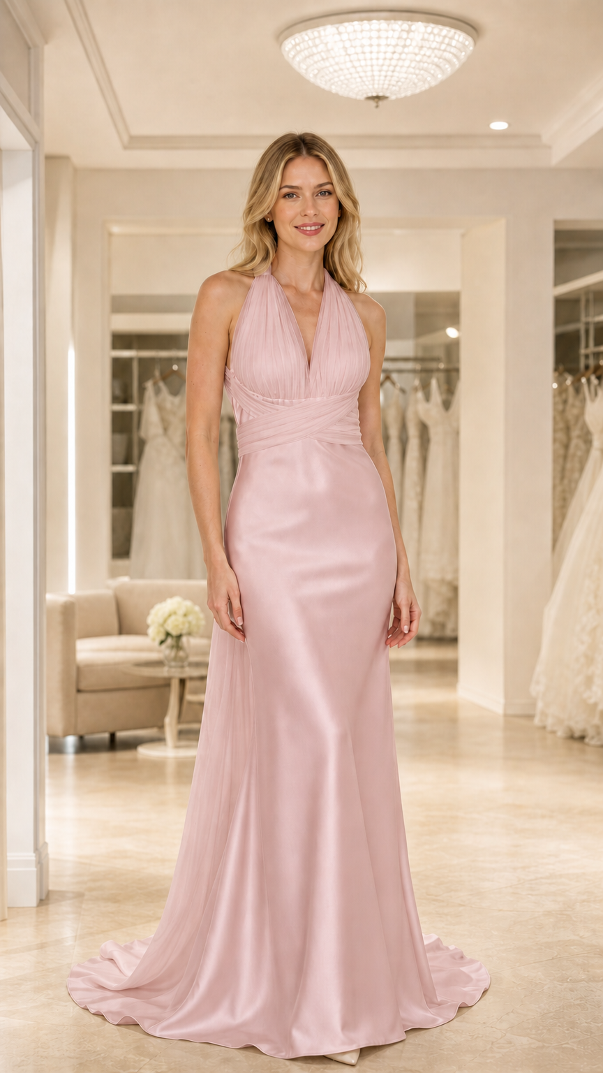 Full-length view of Blush Pink halter pleated satin formal gown