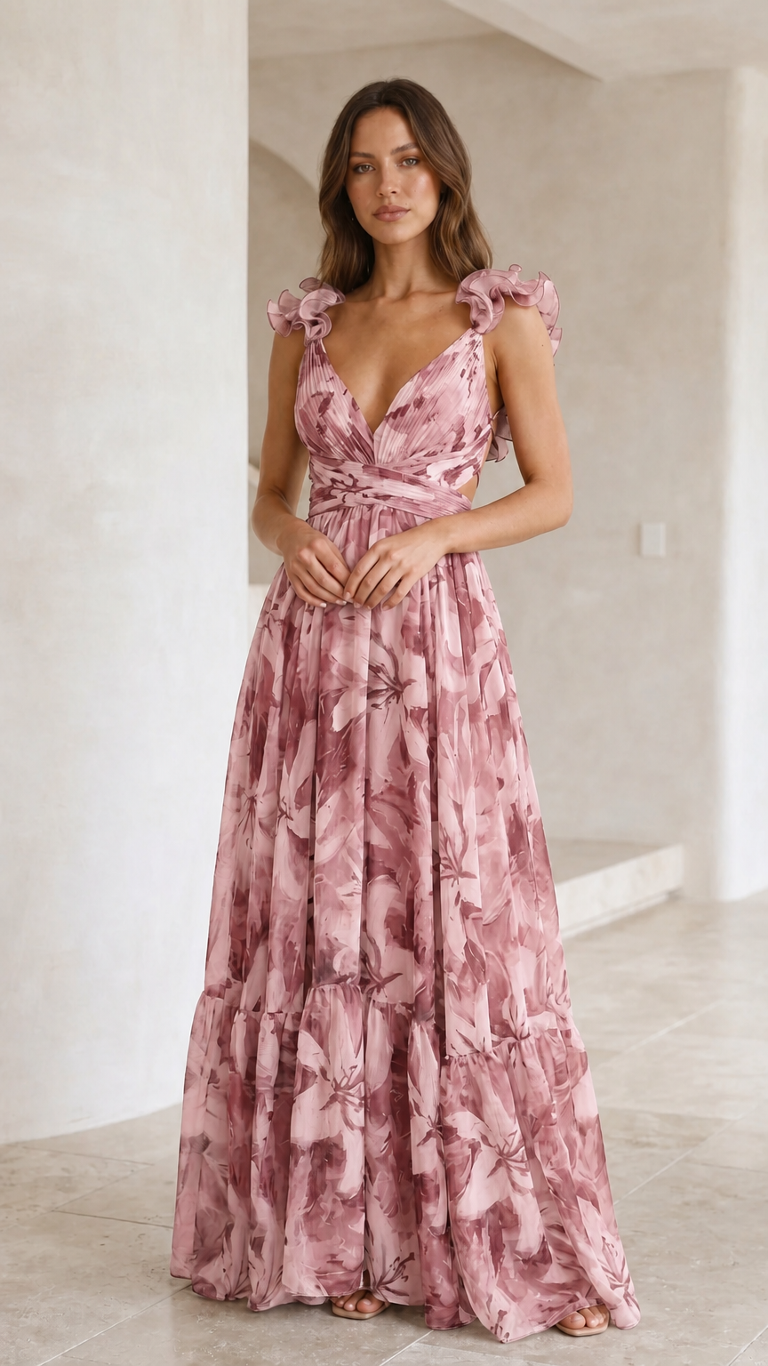 Front view of woman wearing blush pink floral print chiffon maxi dress