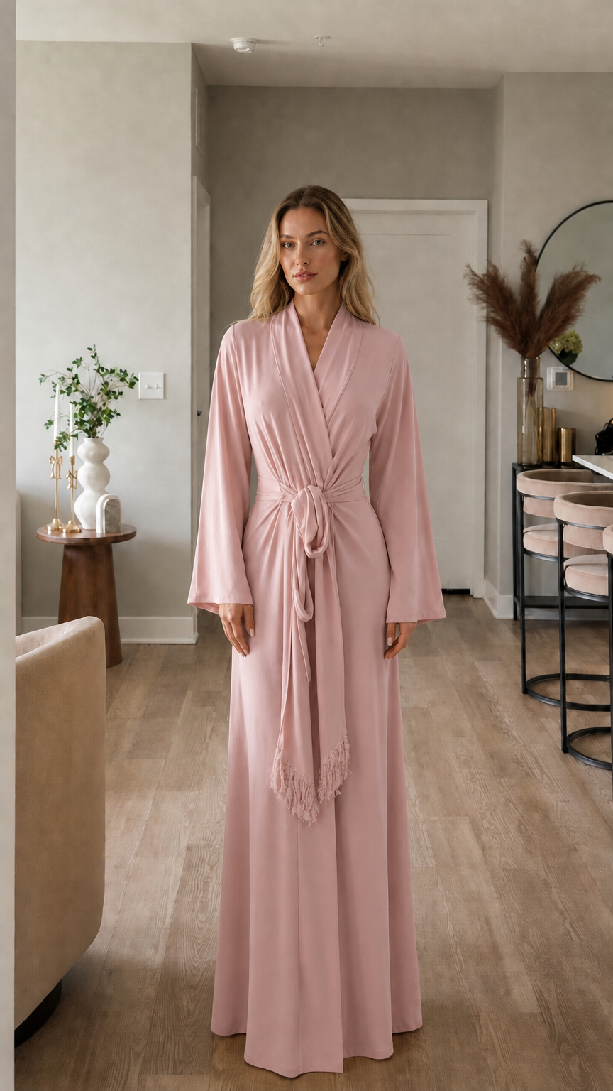 Full-length view of model in pink maxi wrap dress