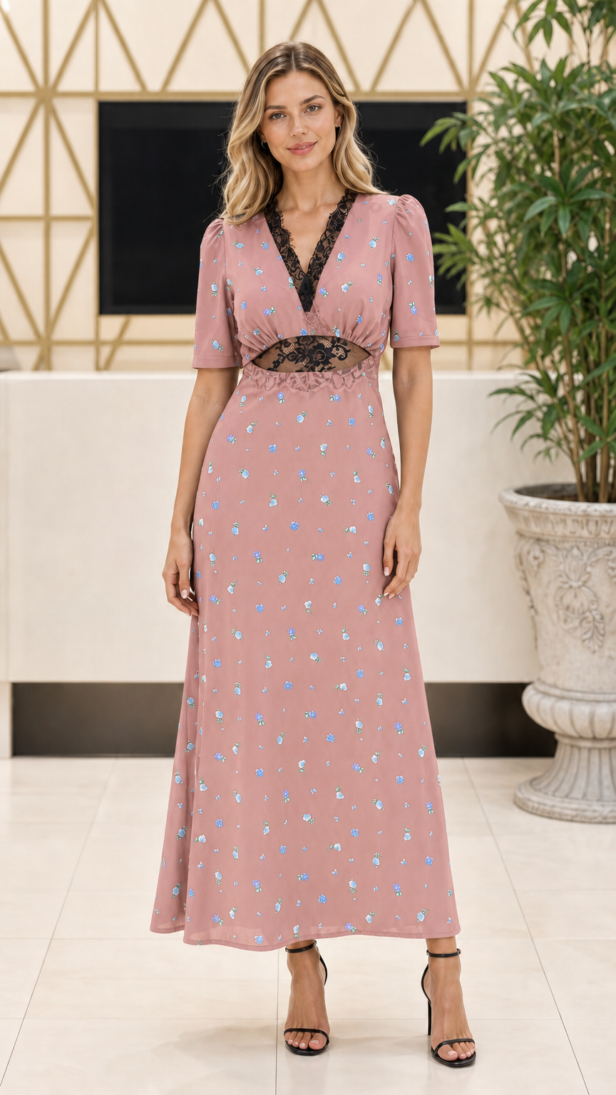 Model wearing Dusty Rose floral print maxi dress with black lace trim
