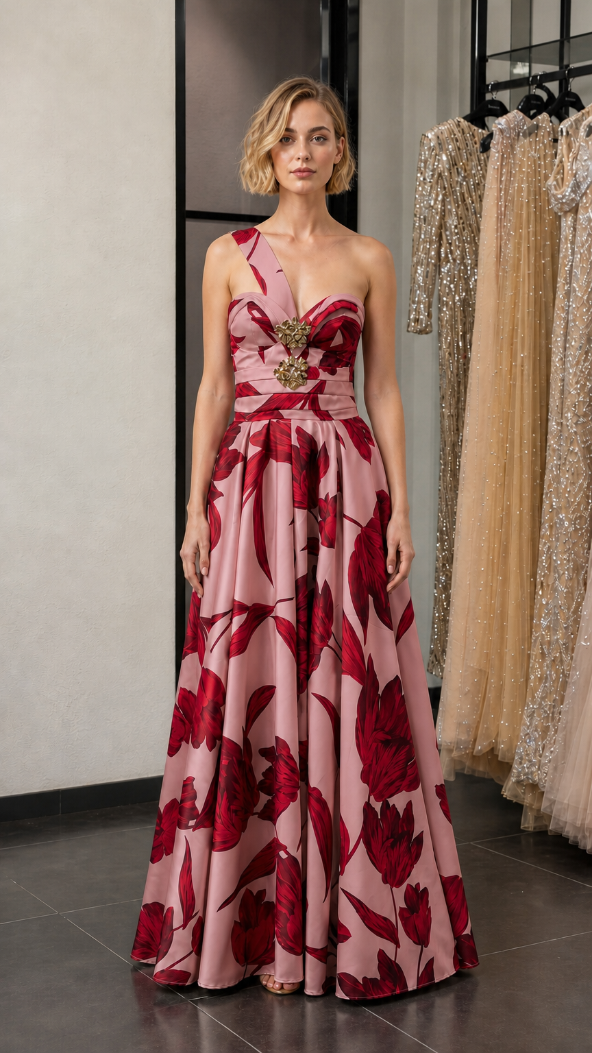 Model wearing pink floral variant evening gown