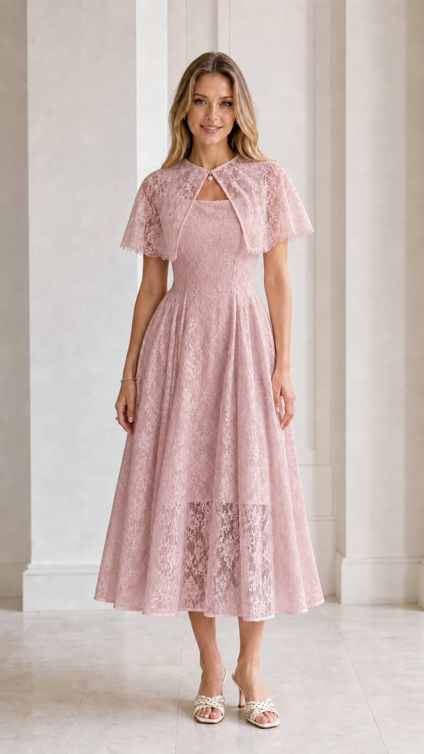Model wearing Dusty Pink Floral Lace Capelet Midi Dress