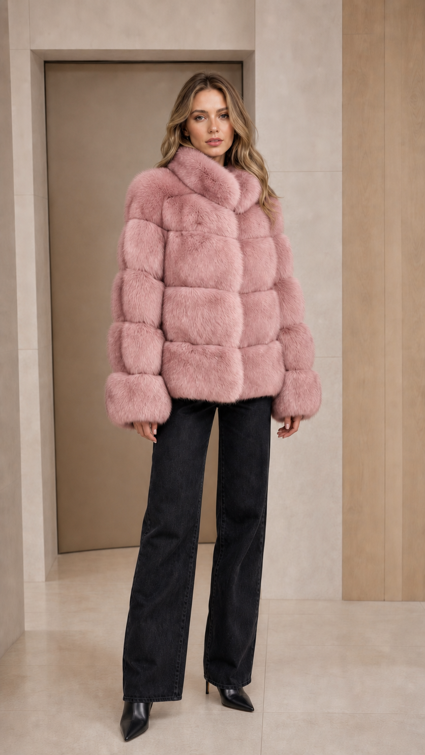 Model wearing dusty pink paneled faux fur winter coat