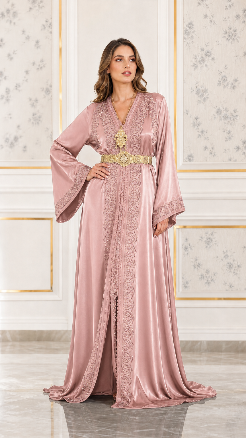 Full front view of dusty pink satin formal caftan gown with gold waist belt
