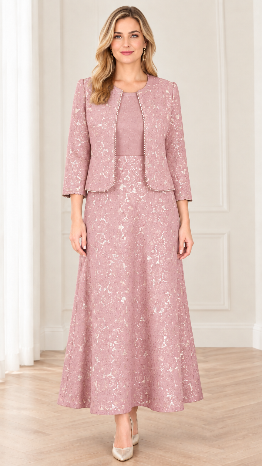 Front view of dusty rose floral lace two-piece maxi dress with beaded jacket