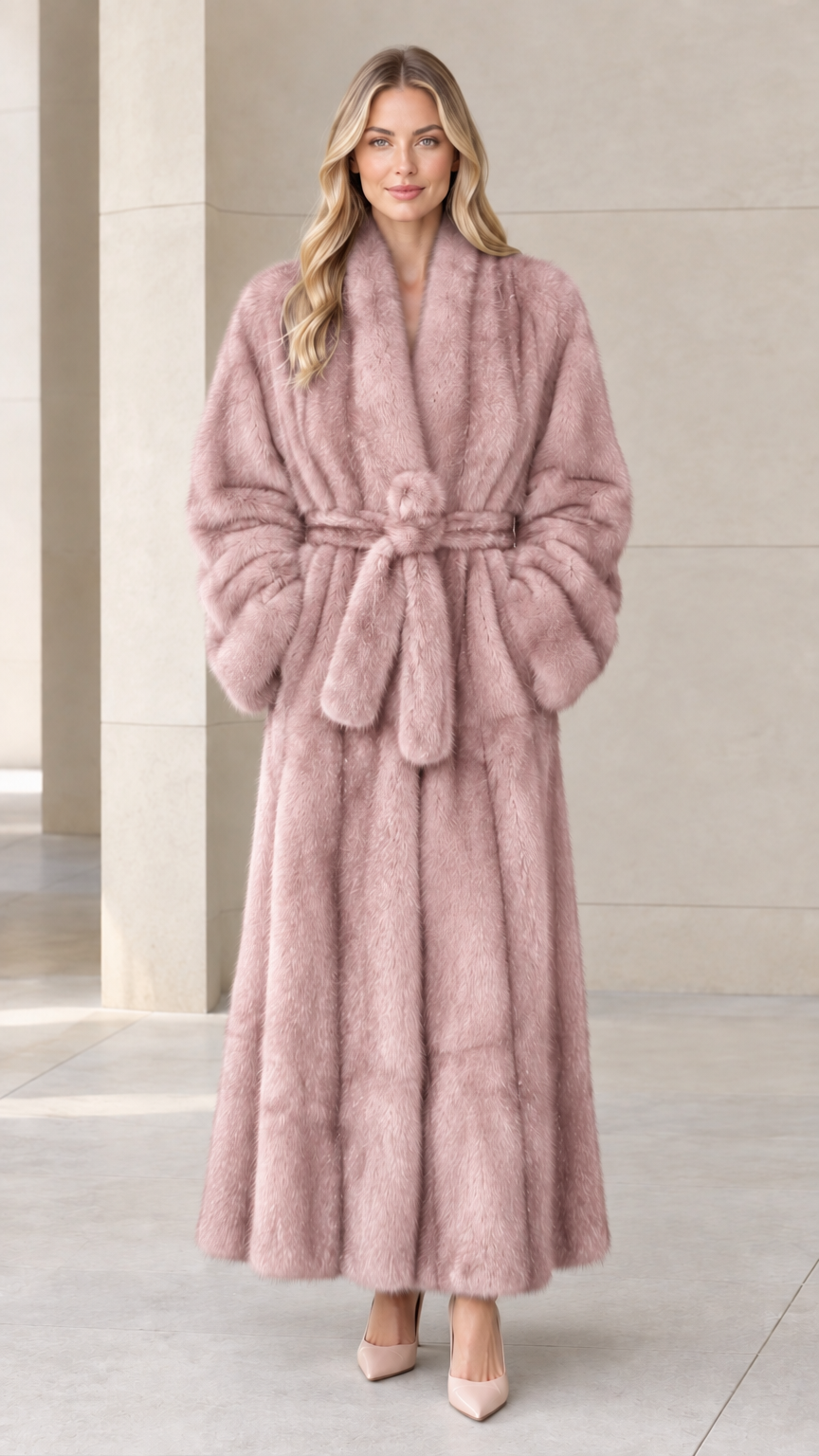 Front view of woman wearing dusty blush pink maxi faux fur coat